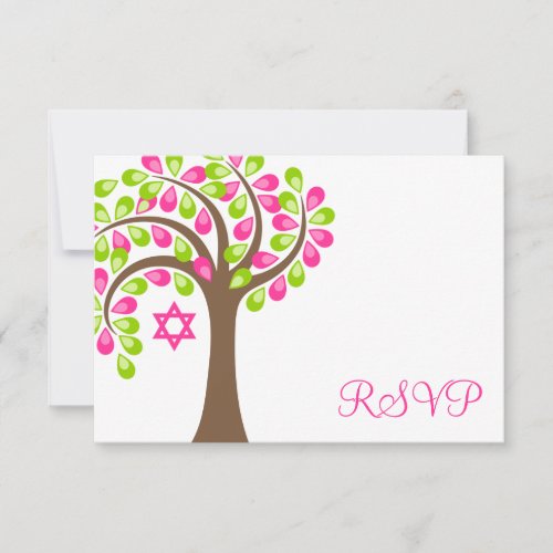 Modern Tree of Life Pink Green Bat Mitzvah RSVP