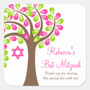 Modern Tree of Life Pink Green Bat Mitzvah Square Sticker