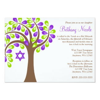 Modern Tree of Life Purple Green Bat Mitzvah Card