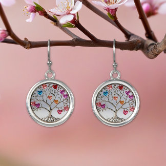 modern tree of life red blue rose crystals earrings