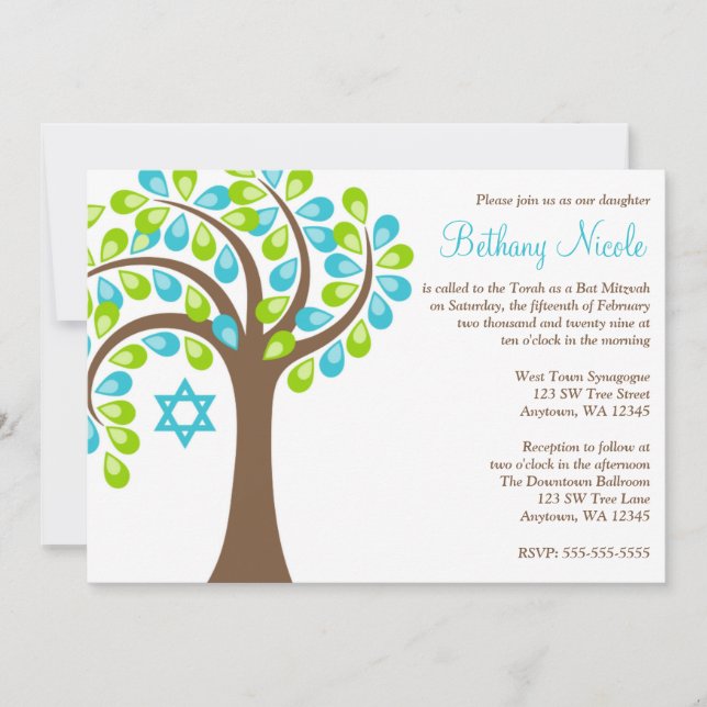 Modern Tree of Life Teal Blue Green Bat Mitzvah Invitation (Front)