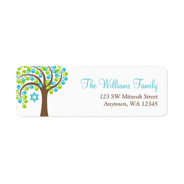 Modern Tree of Life Teal Blue Green Bat Mitzvah Label (Front)