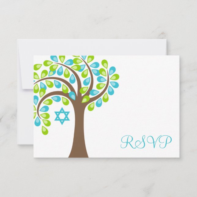 Modern Tree of Life Teal Green Bat Mitzvah RSVP Card (Front)