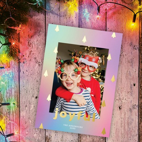 Modern Tree Ombr Rainbow Trendy Photo Gold Foil Holiday Card