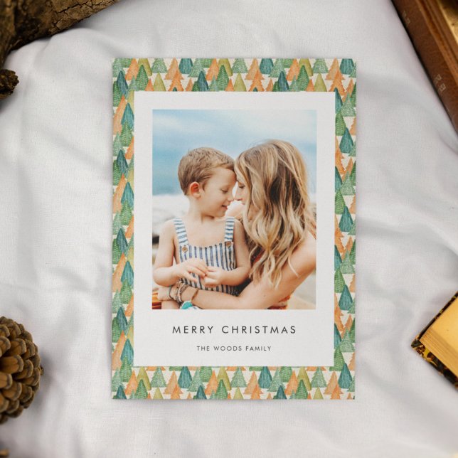 Modern Tree Pattern Merry Christmas Family Photo Holiday Card (Creator Uploaded)