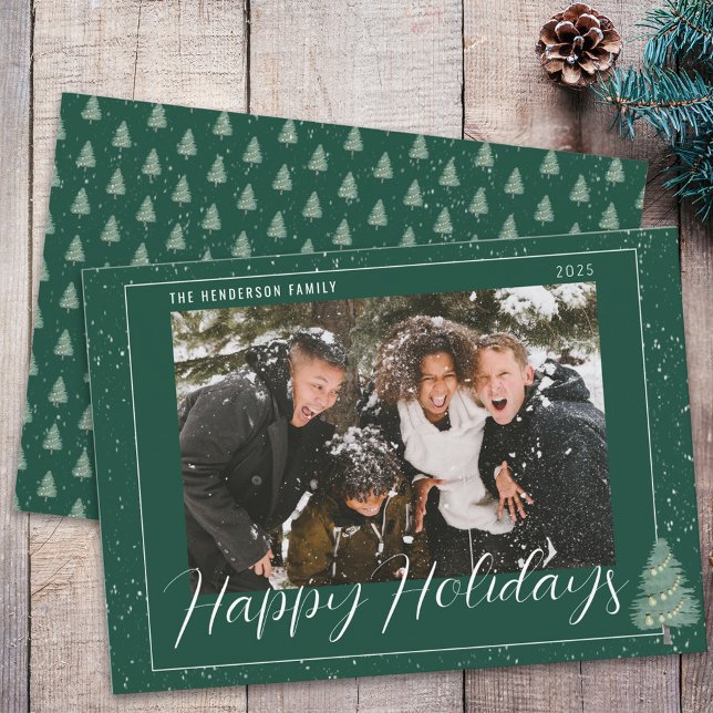 Modern Tree Snow Happy Holidays Family Photo Green Holiday Card (Modern fir tree lights snow watercolor green and white christmas family photo card Snowy woodland )