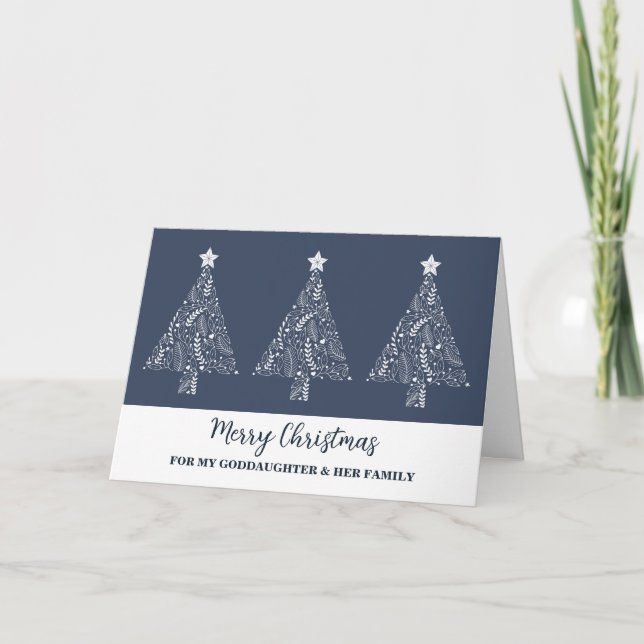 Modern Trees Goddaughter & Family Merry Christmas Card (Front)