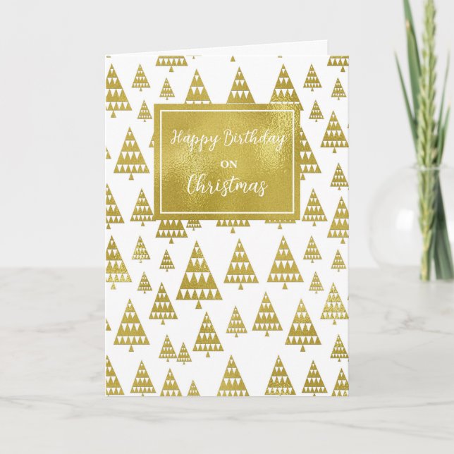 Modern Trees Happy Birthday on Christmas Card (Front)