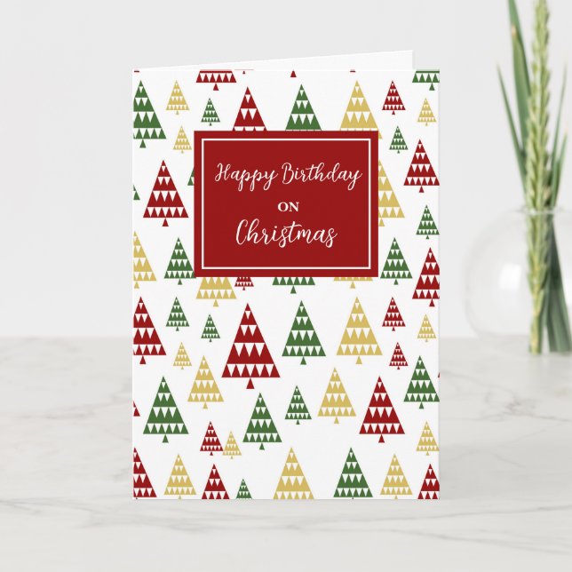 Modern Trees Happy Birthday on Christmas Card (Front)