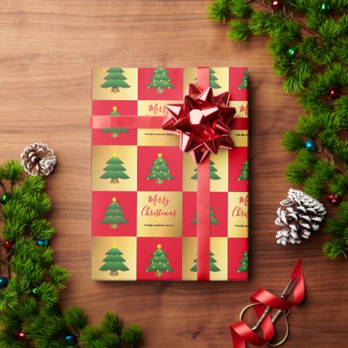 Modern trees Merry Christmas monogram name gold Wrapping Paper
