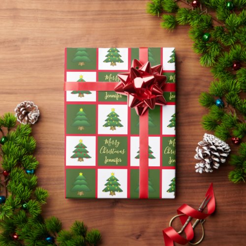 Modern trees Merry Christmas monogram name Wrapping Paper