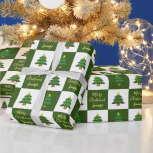 Modern trees Merry Christmas monogram name Wrapping Paper