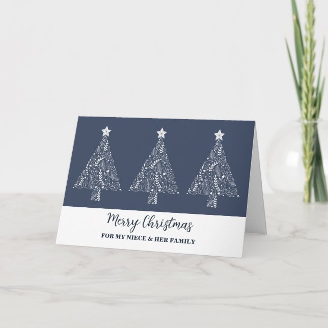 Modern Trees Niece & Family Merry Christmas Card (Front)