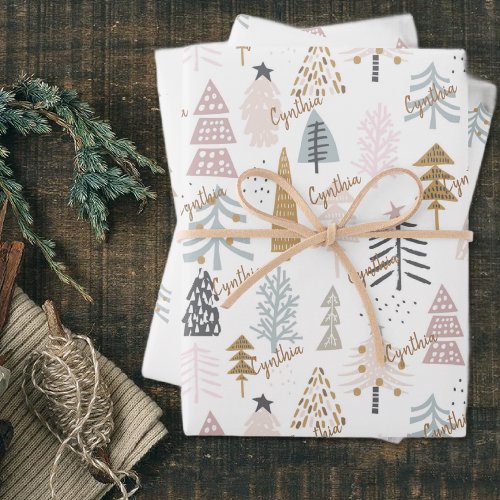 Modern Trees Personalized Winter Holiday Wrapping Paper Sheets