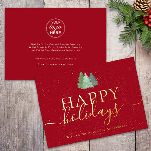 Modern Trees Snow Happy Holidays Business Logo Red Foil Holiday Card