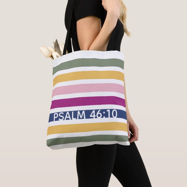 Modern Trending Striped Christian PSALM 46:10 Tote Bag (Close Up)