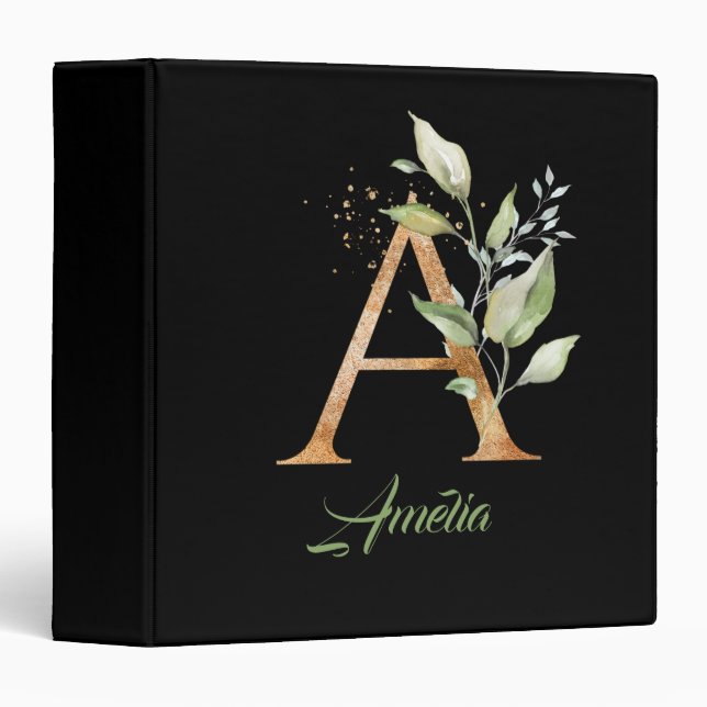 Modern trendy A monogram green and gold foil  3 Ring Binder (Front/Spine)