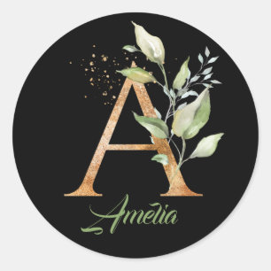 Modern trendy A monogram green and gold foil black Classic Round Sticker
