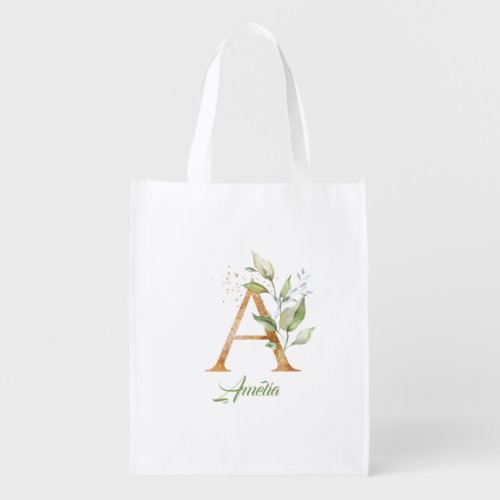 Modern trendy A monogram green and gold foil Grocery Bag