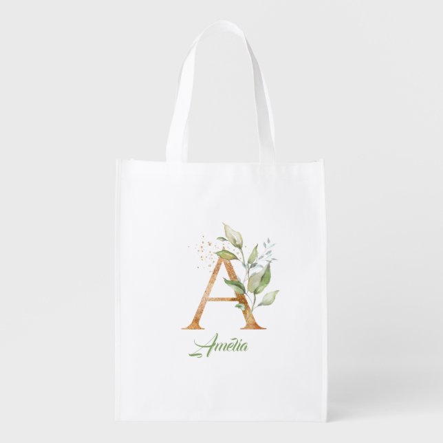 Modern trendy A monogram green and gold foil Grocery Bag (Front)