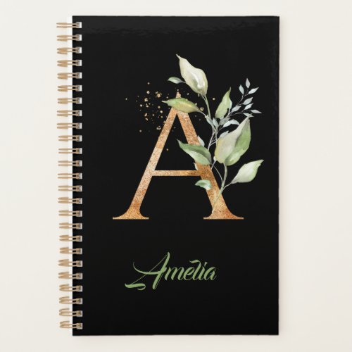 Modern trendy A monogram green and gold foil  Planner