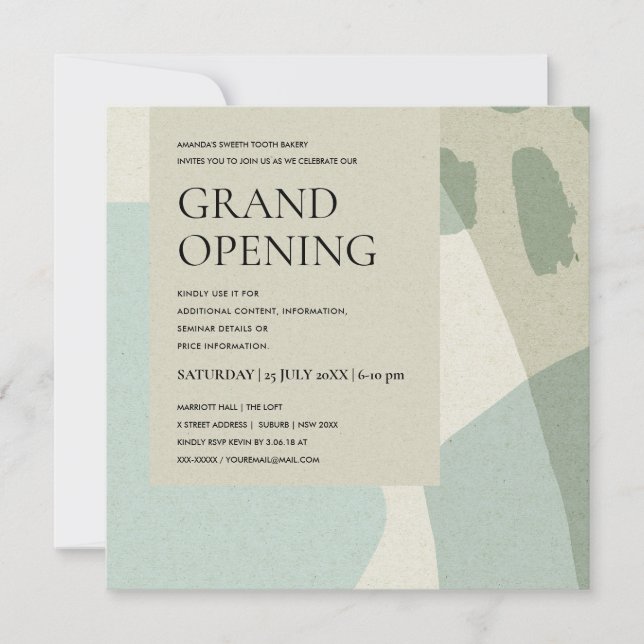 MODERN TRENDY ABSTRACT AQUA BLUE ART GRAND OPENING INVITATION (Front)