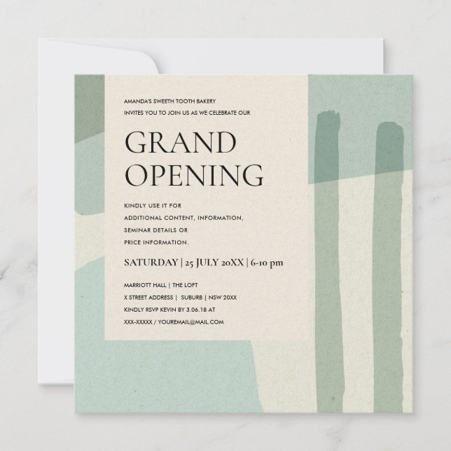 MODERN TRENDY ABSTRACT ART AQUA BLUE GRAND OPENING INVITATION (Front)
