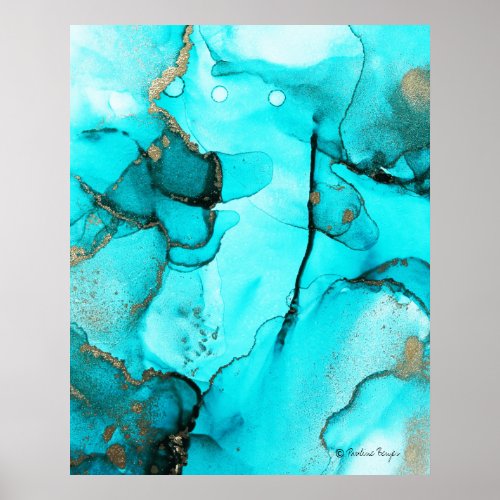 Modern Trendy Abstract Organic Teal Turquoise Gold Poster