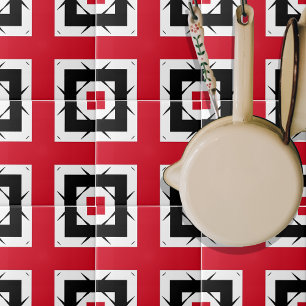 Modern Trendy Abstract Red Black & White Geometric Ceramic Tile