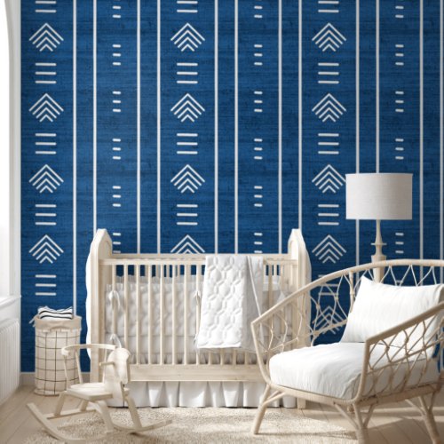 Modern Trendy African Mudcloth Arrows Blue Wallpaper