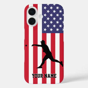 Modern Trendy American Flag Baseball Personalized iPhone 16 Case