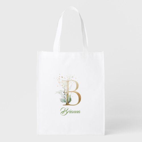 Modern trendy B monogram green and gold foil   Grocery Bag