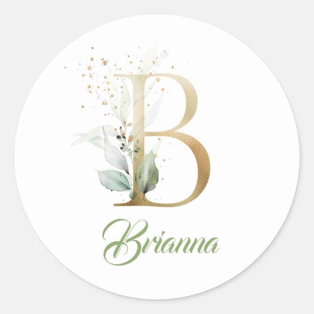 Modern trendy B monogram greenery and gold foil  Classic Round Sticker (Front)