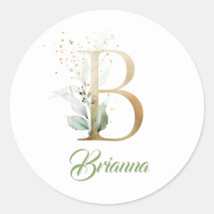 Modern trendy B monogram greenery and gold foil Classic Round Sticker