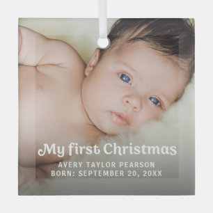 Modern Trendy Baby's First Christmas Custom photo Glass Ornament