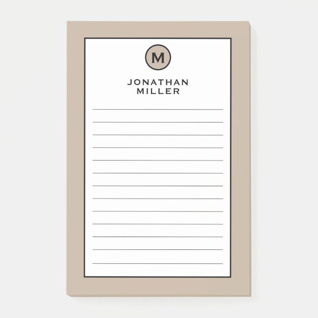 Modern Trendy Beige Monogram Lined Post-it Notes (Front)