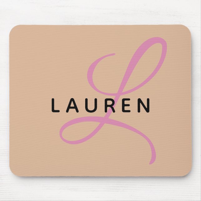 Modern Trendy Beige Pink Script Monogram Mouse Pad (Front)