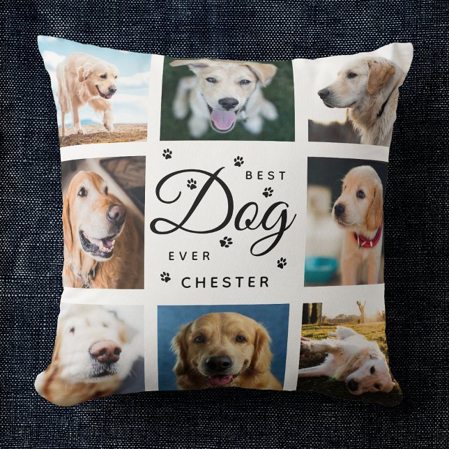 Modern Trendy Best Dog Ever Pet Paw Photo Collage Throw Pillow (Creator Uploaded)