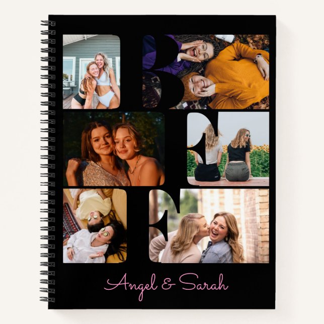 Modern Trendy BFF Best Friend Photo Collage Black Notebook (Front)