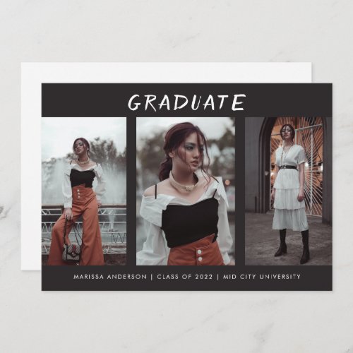 Modern Trendy Black 3 Photo Graduation Announcement