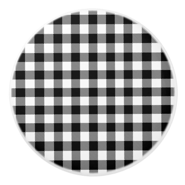 Modern trendy black and white buffalo plaid scotch ceramic knob (Front)