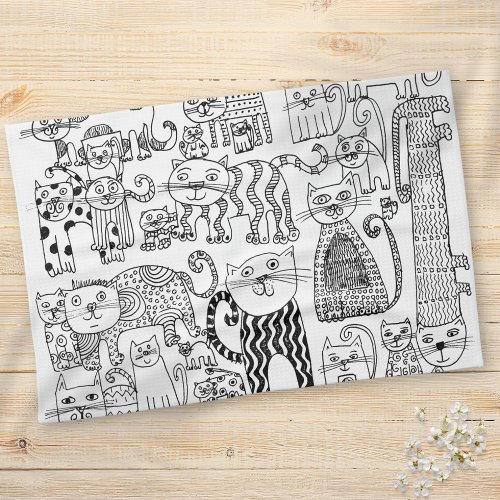 Modern Trendy Black and White Cats Pattern Kitchen Towel