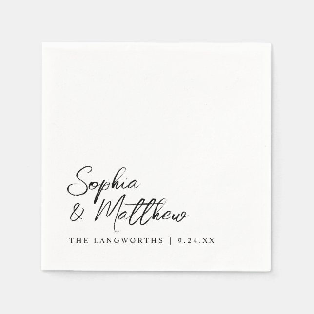 Modern Trendy Black and White Handwritten Wedding Napkins (Front)