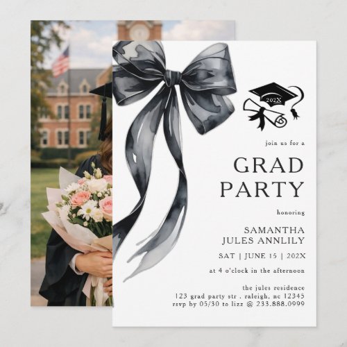 Modern Trendy Black Bow Graduation Party Invitatio Invitation