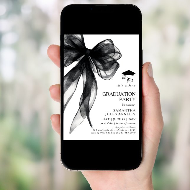 Modern Trendy Black Bow Graduation Party  Invitation (Front Digital)