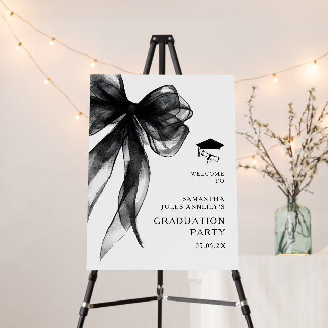 Modern Trendy Black Bow Graduation Party Sign (In Situ (Stand))