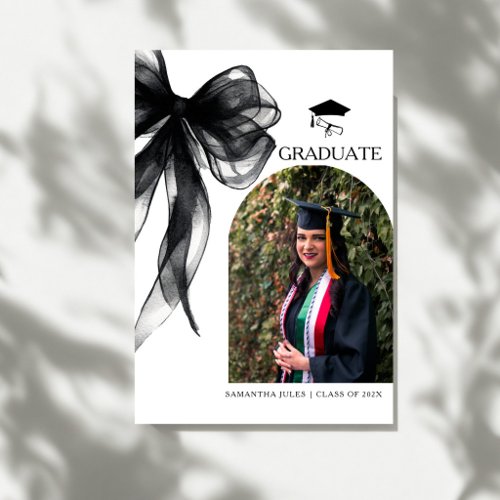 Modern Trendy Black Bow Graduation Photo Announcement