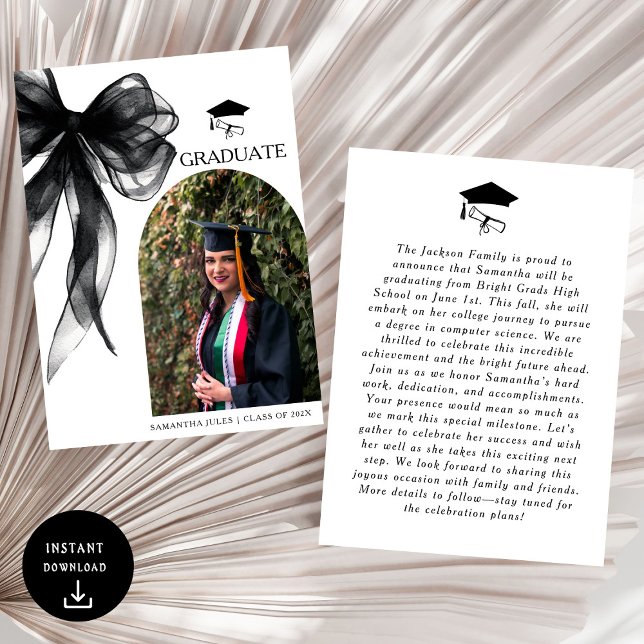 Modern Trendy Black Bow Graduation Photo Announcement (Creator Uploaded)