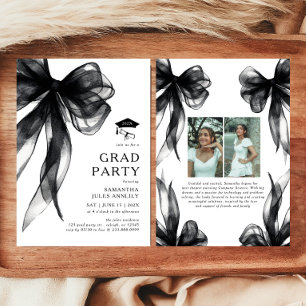 Modern Trendy Black Bow Photo Graduation Party Invitation