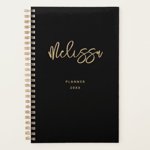 Modern Trendy Black Gold Script Chic Monogram Name Planner